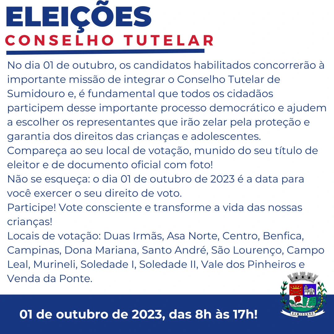 Eleições para o Conselho Tutelar de Sumidouro: 01 de outubro de 2023, das 8h às 17h! 